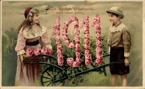 Ak Glückwunsch Neujahr 1911, Kinder, Rosen, Schubkarre