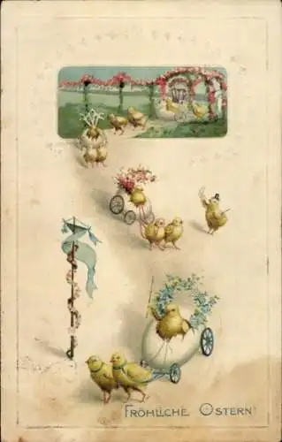 Präge Ak Glückwunsch Ostern, Küken, Wagen, Blumen