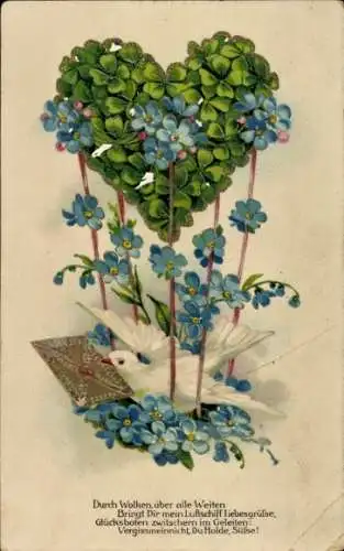 Ak Blumen, Taube, Brief, Vergissmeinnicht, Glücksklee