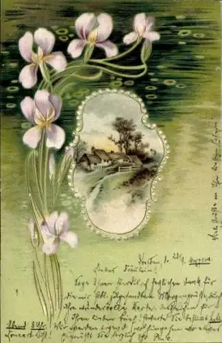 Präge Litho Wohnhaus, Zaun, Blumen, Kitsch