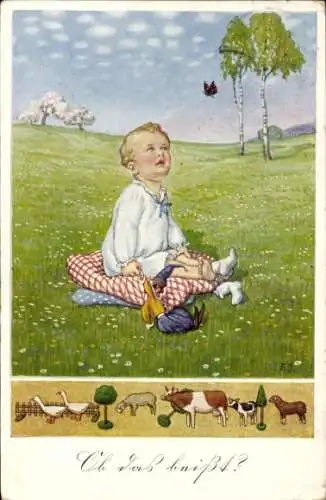 Künstler Ak Kind und Schmetterling, Wiese, Ob das beißt?