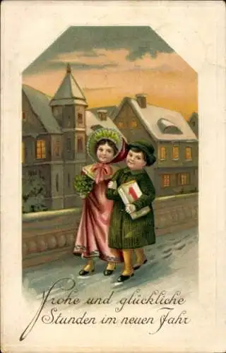 Präge Ak Glückwunsch Neujahr, Kinder, Kalender, Glücksklee