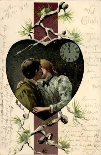 Künstler Litho Mailick, Glückwunsch Neujahr, Küssendes Paar, Uhr