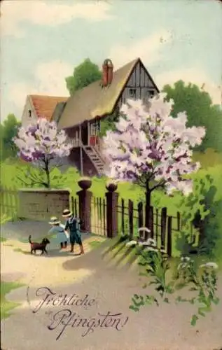 Ak Glückwunsch Pfingsten, Kinder, Wohnhaus, Blühende Bäume