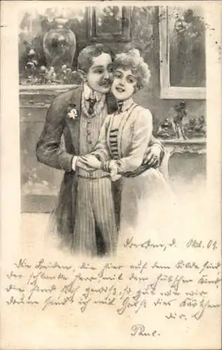 Litho Liebespaar, Mann umarmt seine Frau, Wohnstube