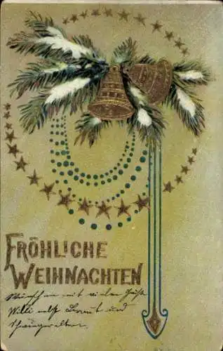 Präge Ak Glückwunsch Weihnachten, Tannenzweige, Glocken