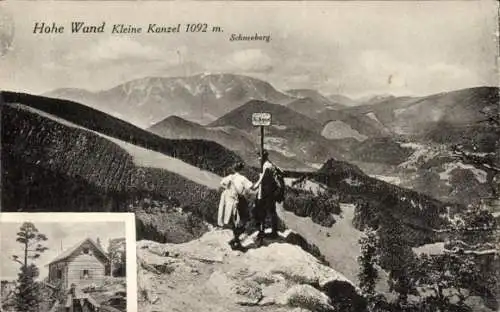 Ak Hohe Wand Niederösterreich, Landschaftspanorama vom Gipfel, Hütte