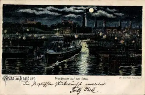 Litho Hamburg, Mondnacht auf der Elbe