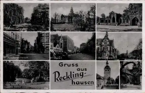 Ak Recklinghausen im Ruhrgebiet, Rathausanlagen, Engelsburg, Petruskirche, Herzogswall, Ehrenmal