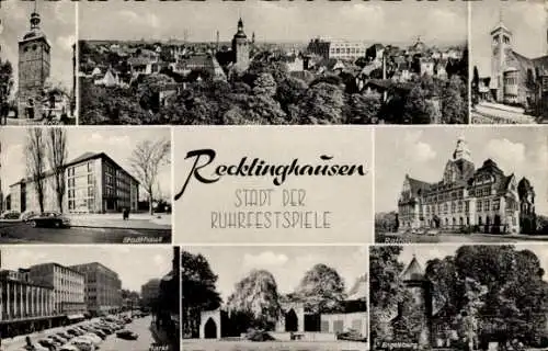 Ak Recklinghausen im Ruhrgebiet, Christuskirche, Stadthaus, Engelsburg, Ehrenmal, Rathaus, Markt
