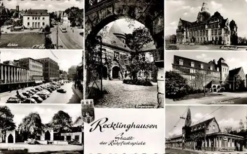 Ak Recklinghausen im Ruhrgebiet, Engelsburg, Lohtor, Markt, Ehrenmal, Berufsschule, Rathaus, Saalbau