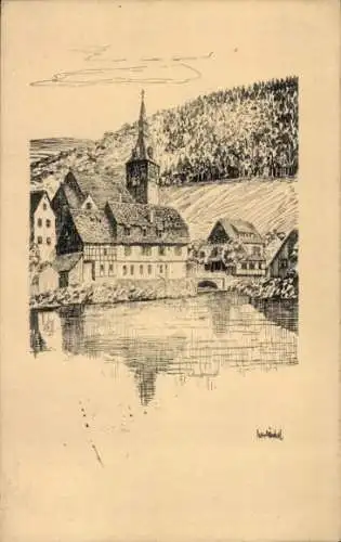 Künstler Ak Bad Liebenzell im Schwarzwald, Am See, Kirche