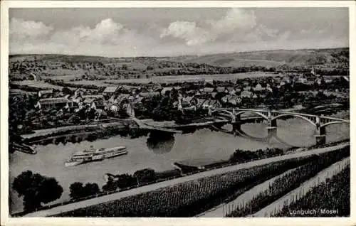 Ak Longuich an der Mosel, Totalansicht, Brücke, Schiff