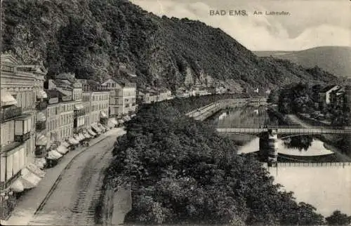 Ak Bad Ems an der Lahn, Teilansicht, Lahnufer, Brücke
