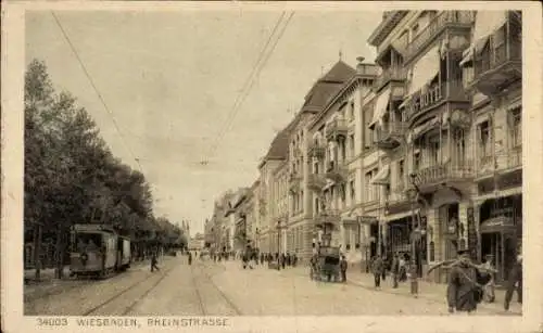 Ak Wiesbaden in Hessen, Rheinstraße, Hotel, Straßenbahn