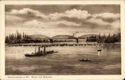 Ak Germersheim am Rhein, Brücken, Schiffe, Panorama