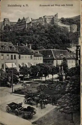 Ak Heidelberg am Neckar, Kornmarkt, Blick aufs Schloss, Kutschen