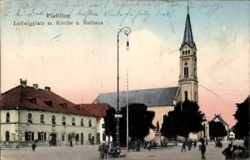 Ak Plattling in Niederbayern, Ludwigplatz mit Kirche und Rathaus