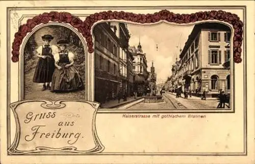 Ak Freiburg im Breisgau, Kaiserstraße, gothischer Brunnen, Mädchen in Trachten