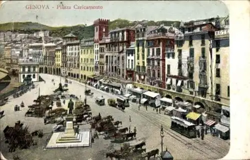 Ak Genova Genua Ligurien, Piazza Caricamento, Blick über einen Platz, Denkmal