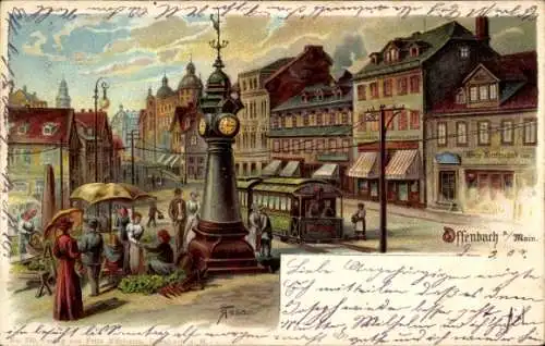 Künstler Litho Offenbach am Main Hessen, Ortspartie, Straßenbahn