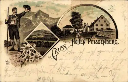 Litho Hohenpeißenberg Peißenberg Oberbayern, Ortspartie, Zugspitze