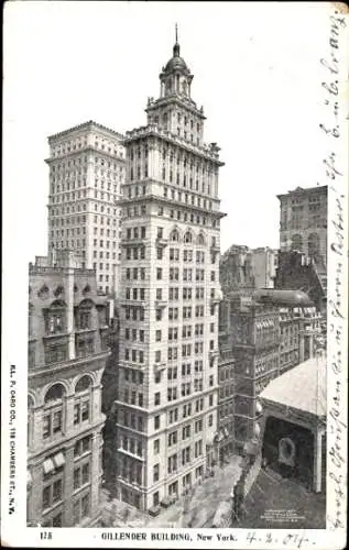 Ak New York City USA, Blick auf das Gillender Building, Fassade, Blick auf die Straße