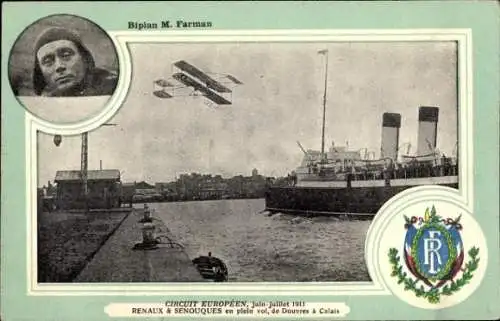 Ak Aviation, European Circuit 1911, Renaux & Senouques im Vollflug, M. Farman Doppeldecker, Calais