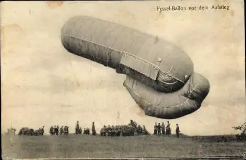 Ak Fesselballon vor dem Aufstieg, Drachenballon, Beobachtungsballon, I. WK