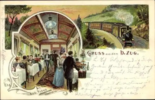 Litho Gruß aus dem D Zug, Eisenbahn, Innenansicht, Speisewagen