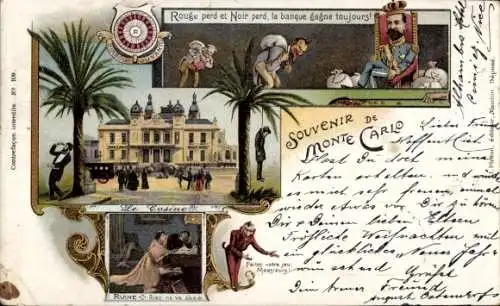 Litho Monte Carlo Monaco, Das Casino, Ruine, Nichts läuft gut, verdammt, die Bank gewinnt immer