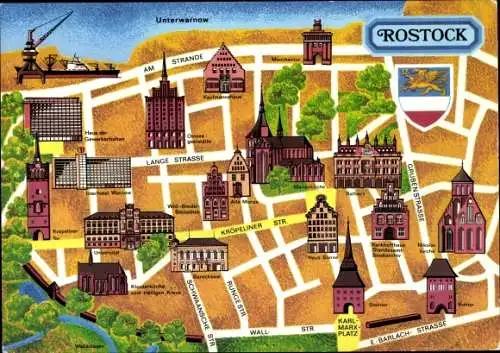 Stadtplan Ak Hansestadt Rostock, Universität, Karl-Marx-Platz, Lange Straße, Rathaus, Marienkirche