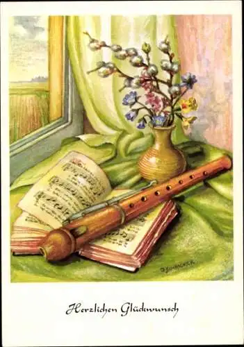 Künstler Ak Schricker, Glückwunsch Geburtstag, Flöte, Notenbuch, Blumenstrauß, Mundmaler