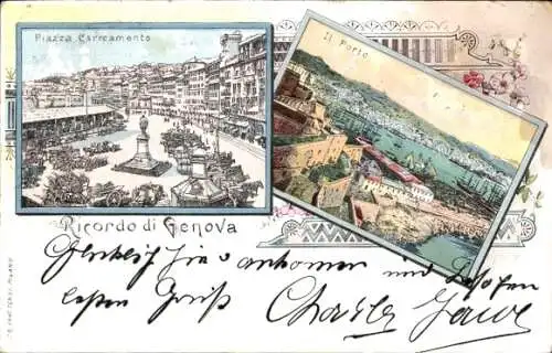 Litho Genova Genua Liguria, Piazza Caricamento, Porto