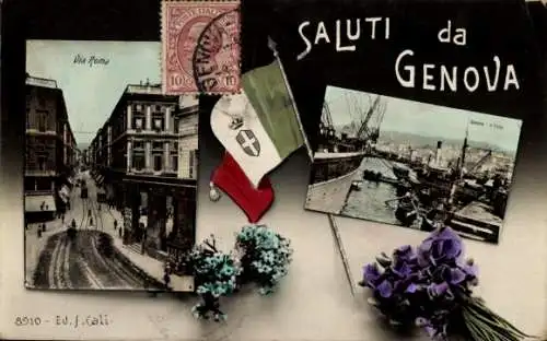 Passepartout Ak Genova Genua Liguria, Via Roma, Straßenansicht, Hafen, Fahne, Blumen
