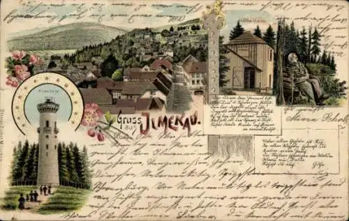 Litho Ilmenau im Ilm Kreis Thüringen, Goethehaus, Kickelhahn, Ortsansicht