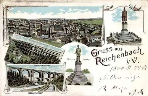 Litho Reichenbach im Vogtland, Elstertalbrücke, Göltzschtalbrücke, Kaiser Wilhelm Denkmal