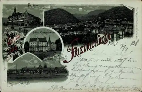 Mondschein Litho Friedrichroda im Thüringer Wald, Kurhaus, Schloss Reinhardsbrunn, Bahnhof