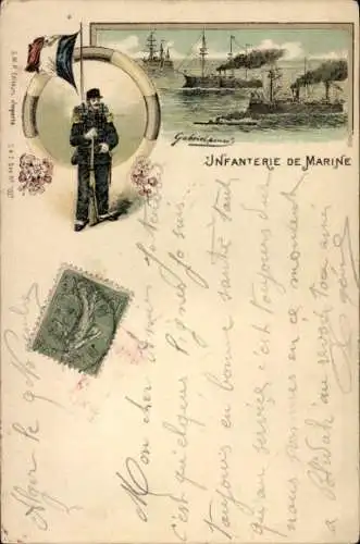 Litho Französisches Kriegsschiff, Marine-Infanterie