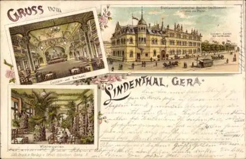 Litho Gera Thüringen, Etablissement Lindenthal, Ballsaal, Wintergarten, Inh. Otto Uhlemann