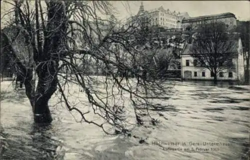 Ak Untermhaus Gera in Thüringen, Hochwasser der Elster 5. Februar 1909, Schloss Osterstein