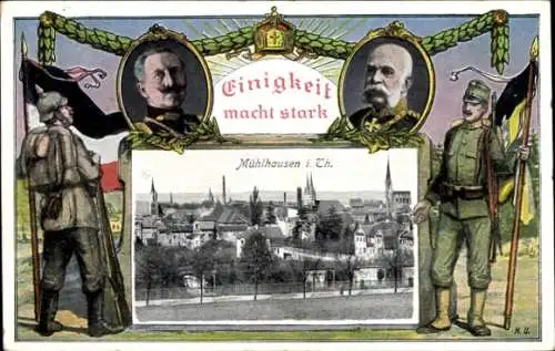 Passepartout Ak Mühlhausen in Thüringen, Gesamtansicht, Kaiser Wilhelm II., Kaiser Franz Joseph I.