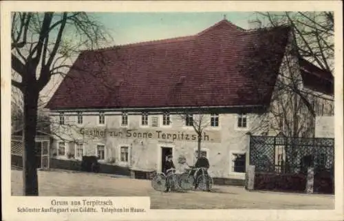 Ak Terpitzsch Colditz in Sachsen, Gasthof zur Sonne, Radfahrer