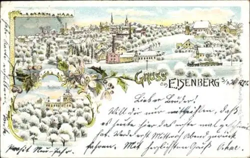 Winter Litho Eisenberg in Thüringen, Gesamtansicht, Schloss