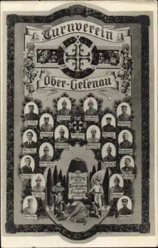 Ak Ober-Gelenau im Erzgebirge, Turnverein, Portraits, Gefallenen-Ehrenmal