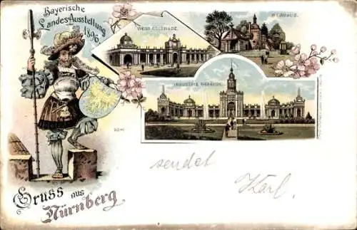 Litho Nürnberg, Bayerische Landesausstellung 1896, Westkolonnade, Weinhaus, Industriegebäude