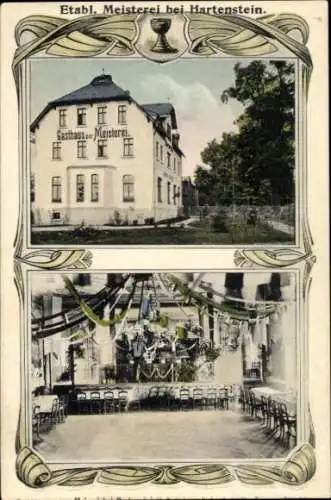 Passepartout Ak Hartenstein im Erzgebirge Sachsen, Etablissement Gasthaus zur Meisterei, Saal