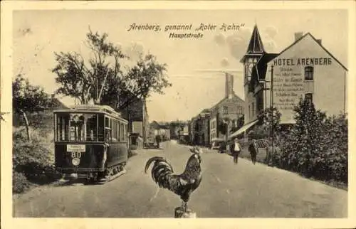 Ak Arenberg Koblenz am Rhein, Roter Hahn, Hauptstraße, Hotel Arenberg, Straßenbahn