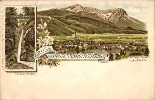 Litho Garmisch Partenkirchen in Oberbayern, Panorama, Zugspitze, Partnachklamm