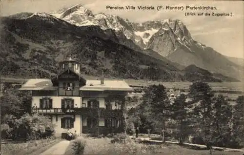 Ak Garmisch Partenkirchen Oberbayern, Pension Villa Victoria, Blick auf die Zugspitze
